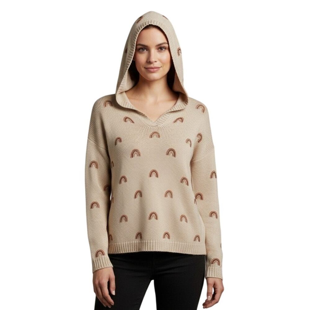 Marled Reunited Clothing Sweater Hoodie Pull Over Beige with Rainbows Size Small